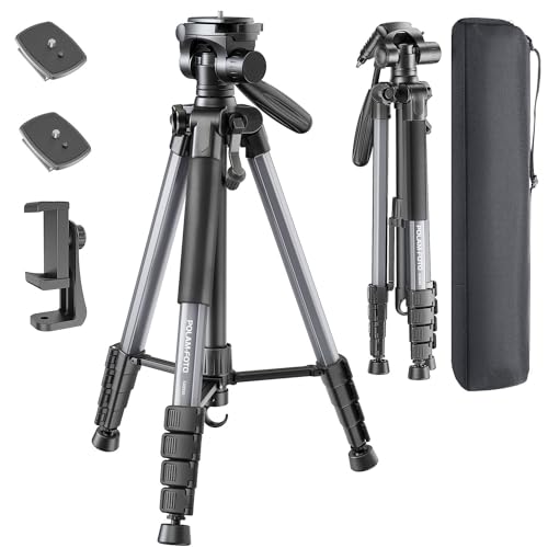 POLAM-FOTO Tripé para câmara de 188 cm, suporte de tripé resistente de alumínio profissional, tripé compacto com bolsa de transporte, com suporte para telefone (cinzento)