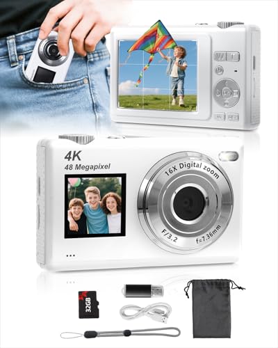 ARNSSIEN Câmara digital com ecrã duplo, autofoco 4K 48MP para Vlog, inclui cartão de 32 GB, câmaras compactas, zoom 16X, antivibrações, presente ideal para crianças/adolescentes/principiantes, Y5