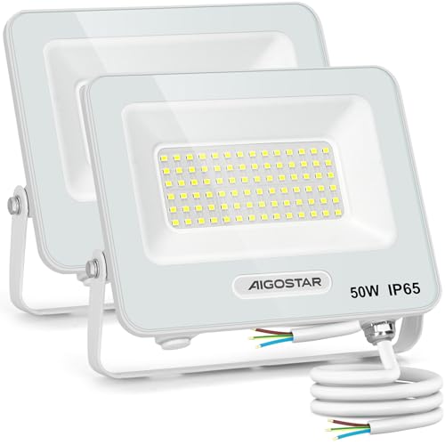 Aigostar Foco LED para exterior 50 w, 4500 LM projetor de lâmpada LED, IP65 luz de segurança impermeável, luz branca 6500 K luzes led exterior, para jardim, pátio, garagem, embalagem de 2