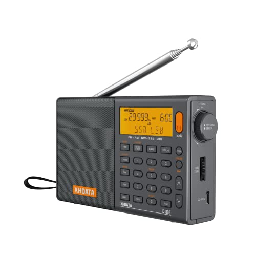 XHDATA D-808 Rádio digital portátil FM estéreo/SW/MW/LW SSB RDS banda aérea altifalante de rádio com ecrã LCD relógio de alarme antena externa e bateria recarregável (cinzento)