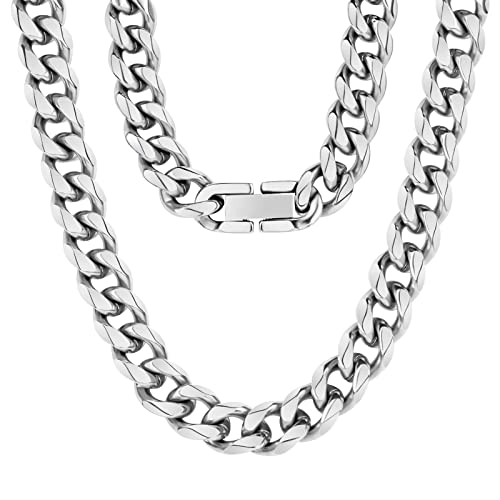 Aucuu Colar homem de aço inoxidável prata corrente cubana, (8 mm / 50 cm) corrente de elos de prata cubana, cor prateada