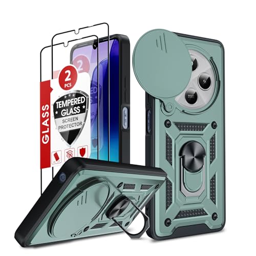LeYi Capa para Xiaomi Redmi 14C/14 C 4G//Xiaomi Poco C75 com [2-unidades] vidro temperado, capa coberta para câmara deslizante proteger anel de suporte silicone TPU Armor Bumper Case, verde