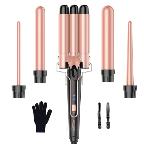 BESTOPE PRO Conjunto de ferro ondulado 5 em 1: possui 3 barris de cerâmica para criar ondas grandes, incluindo ajuste de temperatura, aquecimento rápido e uma luva, 2 clipes, ouro rosa