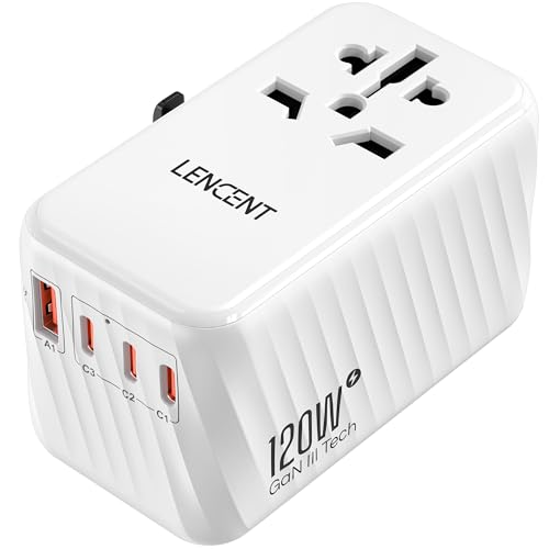 LENCENT Adaptador de tomada universal GAN de 120 W, carregador internacional com 3 PD3.0 tipo C+1 QC USB A, adaptador de viagem carregamento rápido para telemóveis, tablets, portátil, UE/EUA/UK/AU,