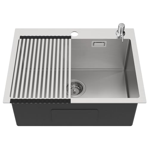Lonheo Lava-louças cozinha 58 x 45 cm, lava-louça cozinha 1 seno com escorredor de pratos e dispensador de sabão, lava-louça sobre bancada, incluindo sifão, escoamento e ralo, aço inoxidável