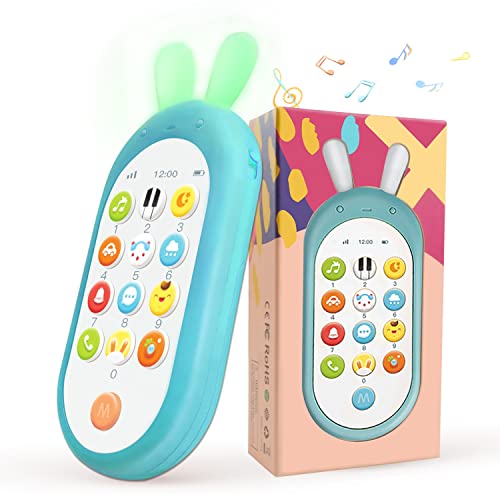RICHGV Telemóvel de brinquedo para bebé, Comando à distância com orelhas de coelho, telemóvel para crianças com luzes que piscam, sons e músicas (azul).
