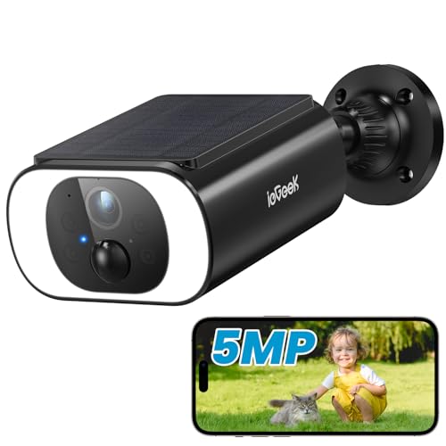 ieGeek 5MP QHD Câmara de vigilância WiFi exterior, câmara de vigilância com painel solar integrado, visão noturna colorida, 2,4 GHz Wi-Fi, armazenamento em nuvem/cartão TF, PIR/AI, áudio bidirecional