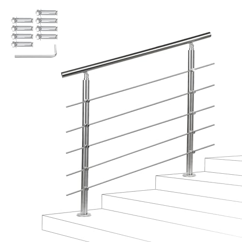 Fiqops Corrimão de aço inoxidável para escadas, exterior e interior, 180 cm, com 5 travessas, Ø 42 mm, com acessórios, ângulo ajustável para escadas, jardim, entrada de casa