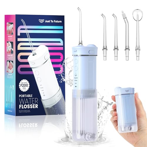 JTF Irrigador bucal Mini, portátil dentário limpeza elétrica sem fios viagem com 5 bicos, 4 modos de pulso, 230 ml depósito de água retrátil IPX7 resistente à água (azul)