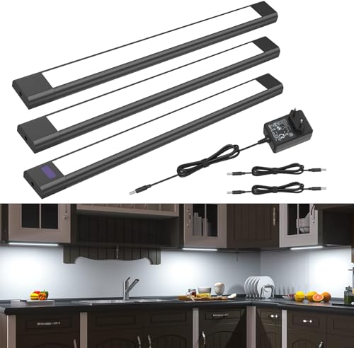 WOBANE Led cozinha sob móveis, 3 x 30 cm barra regulável luz armário com sensor sem contacto, luzes de cozinha debaixo de móveis com tomada, luz LED autocolante para armário, estádia, branco frio 6000