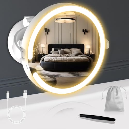 Robofun - Espelho de maquilhagem luminoso com ventosa potente, 20 espelhos de aumento luminoso, espelho de aumento de luz ajustável em intensidade, com uma altura ajustável de 25 cm