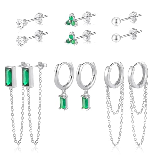 ASH'S CHOICE Brincos de prata 925 para mulher, 6 pares de brincos de prata 925, conjunto de brincos pequenos, multi-pack com brilhantes de zircónio, folha de estrela, lua, bola, brincos