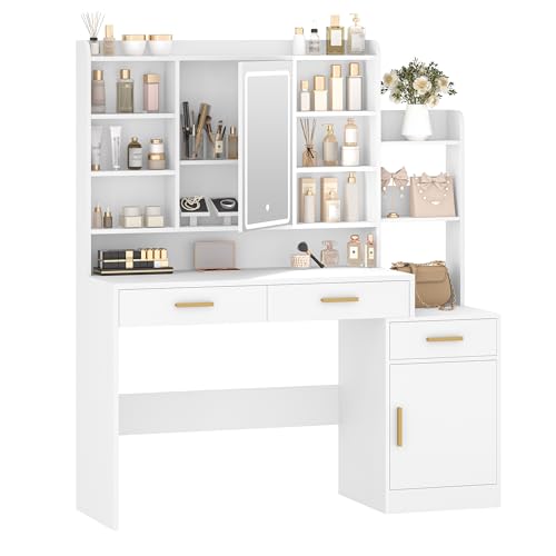 Hzuaneri Voucher de maquilhagem com espelho, luz LED de brilho ajustável, 3 gavetas e 1 armário, prateleiras abertas de vários níveis, para quarto, guarda-roupa, branco DT39103X