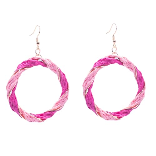 ZARZAMORA Pendientes Mujer Colgantes Grandes. Aros Tejidos en Rafia. Estilo Boho Chic Gancho Hippie Dorado. Ideal para Festivales Verano Playa. Regalo Original (Rosa)