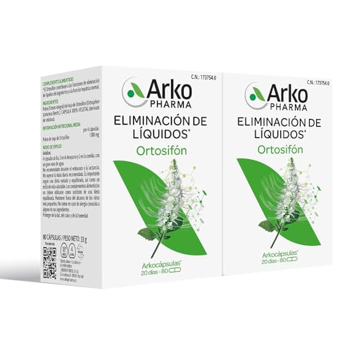 Arkopharma Arkocápsulas Ortosfón 160 cápsulas, pack de 80 x 2, ajuda a remover líquidos, função hepática, controlo de peso, perda de peso, retenção de líquidos, complemento alimentar