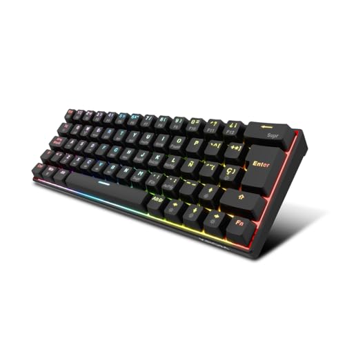 KROM Kyara Teclado Gaming mecânico 60% com iluminação RGB, ligação tripla: Bluetooth 5.0, 2,4 GHz e cabo USB-C, Switches Hot-Swap, Layout espanhol, compacto e leve, cor preta