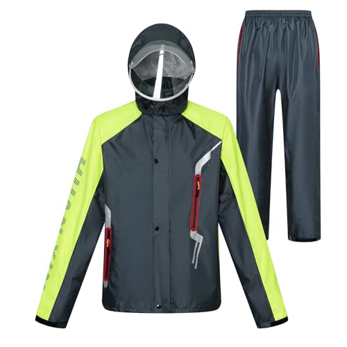 LY4U Roupa de chuva impermeável para homens, roupa de trabalho, casaco e calças de ciclismo com capuz, roupa de chuva com cinto refletor de segurança