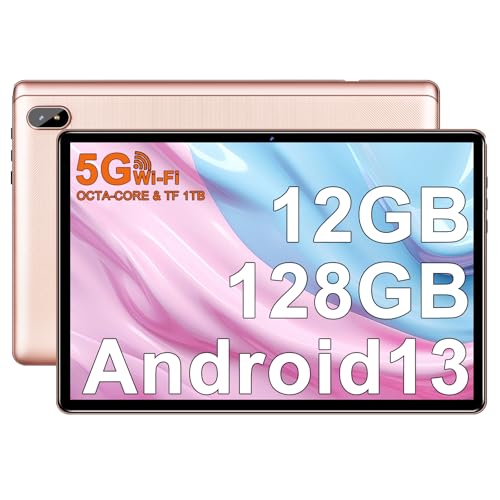 FACETEL Tablet de 10 polegadas Android 13, Octa-Core 2,0 GHz, 12 GB RAM + 128 GB ROM (1 TB TF), 5G WiFi + Bluetooth 5.0, 5 MP+8 MP, HD IPS, ID acidental, Widevine L1, tablet com capa - dourado Rosa