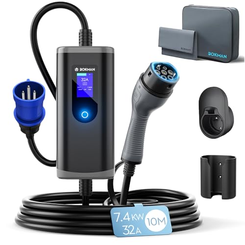 bokman Carregador de carro elétrico 7,4 kW, 10 metros / 6-32A / monofásico / IP65 impermeável/CEE, tipo 2 de carregamento para veículos elétricos com cabo
