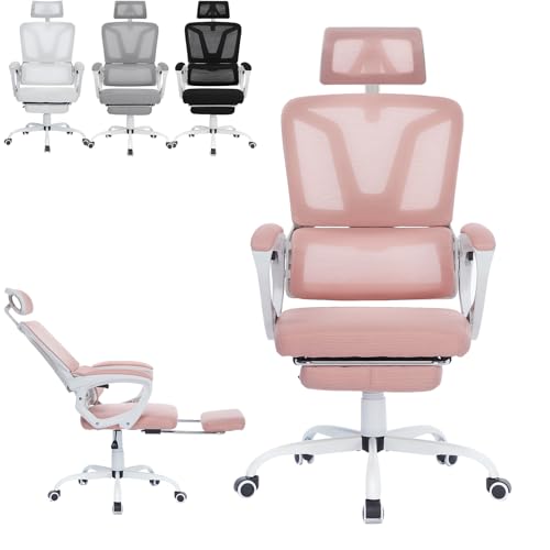 ACXIN Cadeira de escritório ergonómica reclinável e apoio para os pés, cadeira de secretária de malha ajustável com encosto de cabeça ajustável e suporte lombar, inclinação até 135° (rosa)