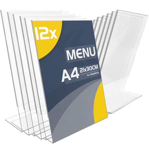 TAPKUA Expositor de metal transparente A4, suporte de secretária, suporte de preço de etiqueta para escritórios comerciais supermercado restaurantes, 12 peças - A4)