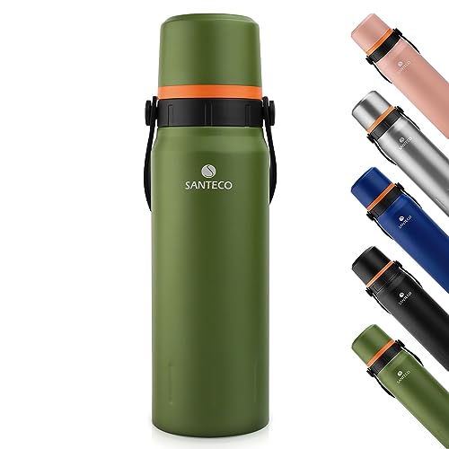 SANTECO Garrafa de água de aço inoxidável, garrafa térmica de 1200 ml, com pega sem BPA, de grau alimentar durável, mantém o conteúdo quente 12 H e frio até 24 H, verde musgo