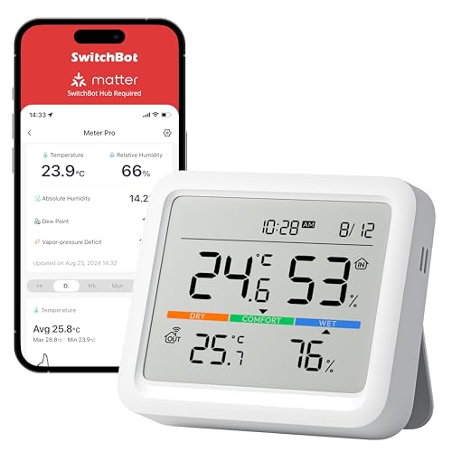 SwitchBot Estação meteorológica para casa, Wi-Fi, termómetro sem fios de ecrã grande, monitor temperatura / humidade com data, alertas e previsão meteorológica, 120 m Bluetooth