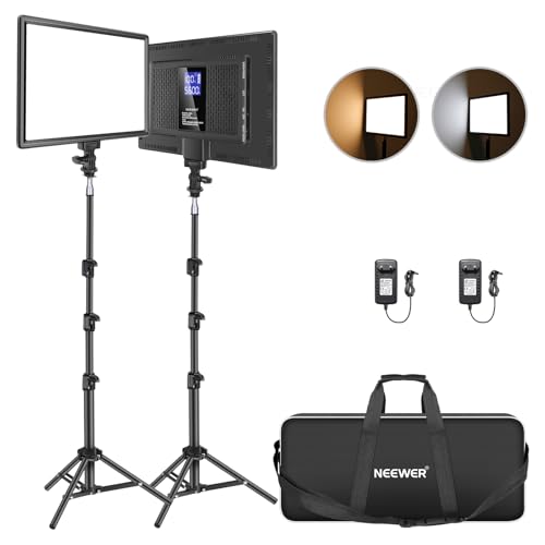 NEEWER Conjunto de iluminação de painel de luz de vídeo LED, 2 pacotes de luzes suaves bicolor regulável com suporte de luz, 8000 mAh bateria incorporada, 3200 K ~ 5600 K CRI 97 2400 Lux para