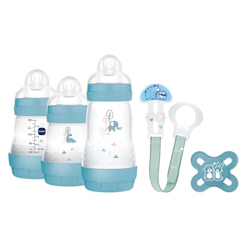 MAM, Conjunto de recém-nascido, conjunto de presente, inclui: 2 biberões anticólicas de 160 ml, 1 biberão anticólico de 260 ml, 1 chupeta original start, 1 broche para chupetas, a partir de 0 meses,