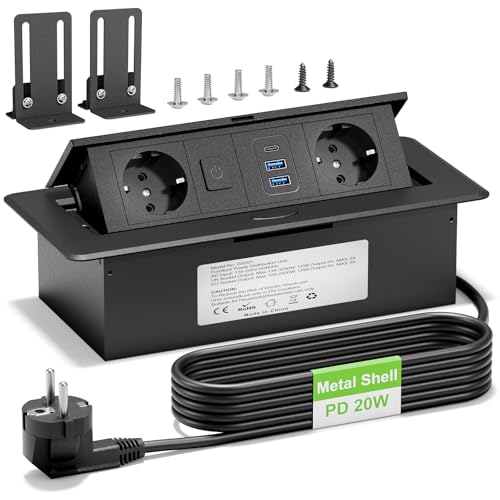 Extensão retrátil com USB C PD20W, alumínio embutido retrátil com interruptor, extensão de 2 tomadas com 2 USB-A para bancada, escritório, cabo de 1,8 m, cor preta