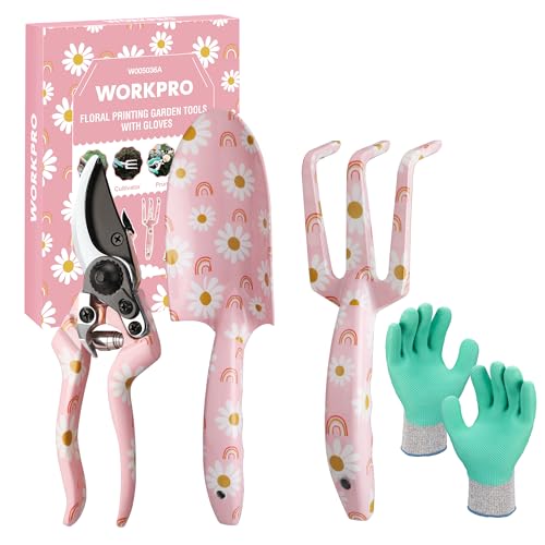 WORKPRO Ferramentas de jardinagem 4 unidades, conjunto de ferramentas para jardim com rastrilho, pá de mão, tesouras de podar, luvas, estampado floral, rosa
