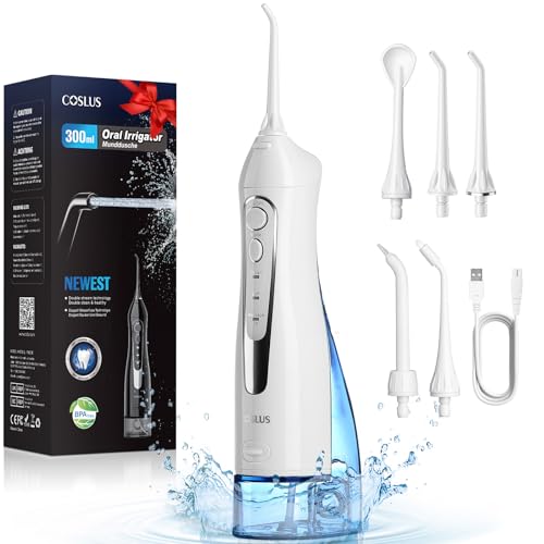 COSLUS Irrigador bucal portátil irrigador dentário: 5 boquilhas 3 modos recarregável limpeza de rega, IPX7 impermeável limpeza dentes, 300 ml para casa e viagens