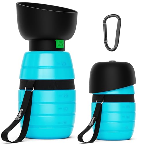 Pecute Garrafa de água para cães (azul 500 ml) com tigela de água dobrável garrafa de água de silicone de grau alimentar para cães gatos, 100% livre de fugas de água