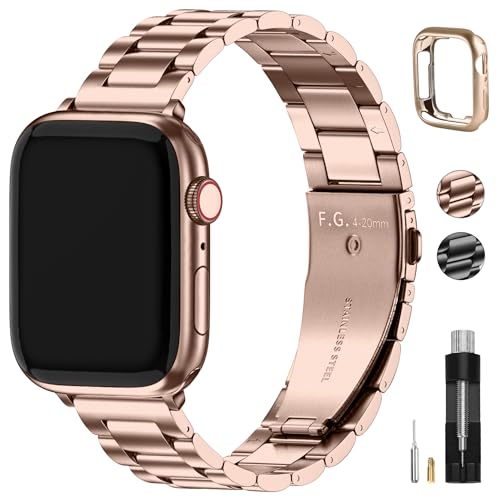 Fullmosa Correia de substituição em aço inoxidável compatível com Apple Watch de 38/40/41 mm, compatível com iWatch Series 9, 8, 7, 6, SE, 5, 4, 3, 2, 1, ouro rosa e capa protetora, 155 mm