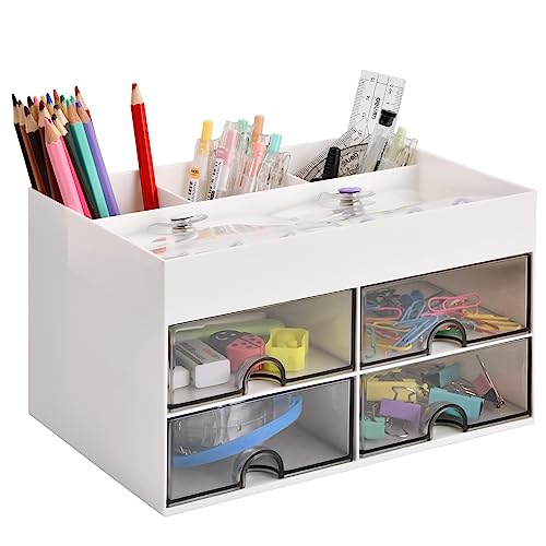 Pinsheng Organizador de secretária, organizador de escritório com 4 compartimentos e 4 gavetas pequenas multifuncionais porta-lápis de mesa, organizador de mesa de plástico para casa, escola (branco)