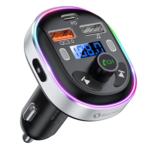 SONRU Transmissor FM Bluetooth 5.3 para carro, mãos-livres sem fios leitor MP3 carro, QC3.0&PD 30 W tipo C carregamento rápido, dois Mics capa de metal, suporte USB e Flash Drive
