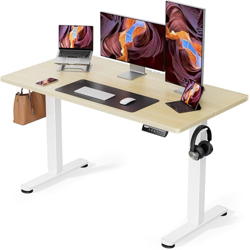 ErGear Mesa elétrica elevável, mesa ajustável em altura, 120 x 60 cm, mesa de escritório com painel inteligente de 4 memórias, mesa com gancho para mochila e tabuleiro montado (Natural)