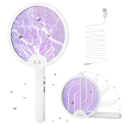 WOCVRYY Raquete mosquitos elétrico dobrável 4000 V recarregável armadilha mosquitos portátil com 5 camadas malha de segurança com base e suporte de parede adequado para interior e exterior