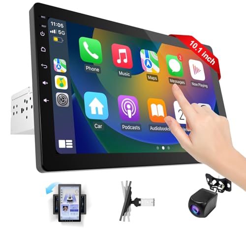 Haudio Rádio de carro Bluetooth 1-DIN com CarPlay sem fios e Android Auto, ecrã táctil IPS de 10,1 polegadas, Wi-Fi e Bluetooth 5.0, Mirror Link, rádio FM, com câmara de apoio