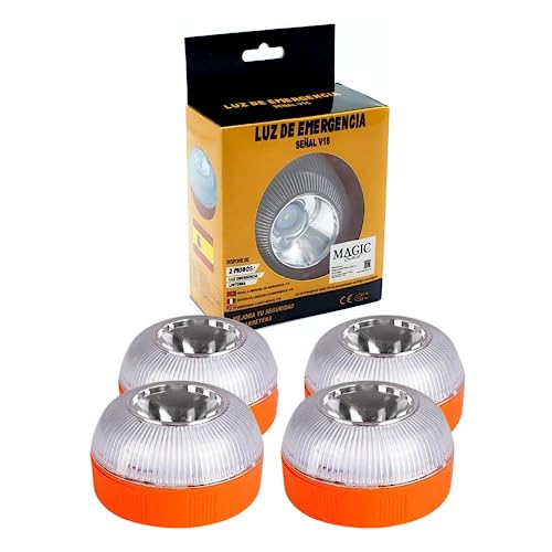 MAGIC SELECT 4 x luz de emergência V16 para sinalização de estrada de carro e moto. Luz amarela intermitente e branca fixa com ignição automática, base estampada e bateria recarregável.