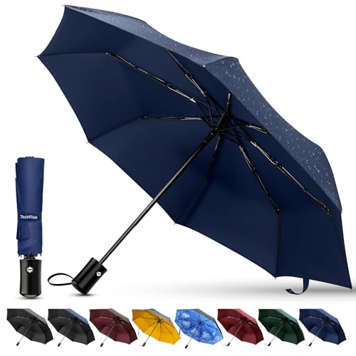 TechRise Guarda-chuva, clássico à prova de vento dobrável automático compacto guarda-chuva de viagem com um botão automático aberto e fecho