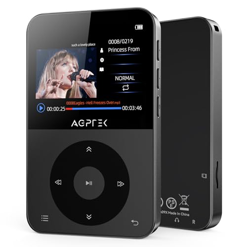 AGPTEK 64 GB MP3 Leitor Bluetooth de 5,3, ecrã horizontal de 2,3", MP3 Player HiFi música portátil com auriculares, rádio FM, gravação, E-Book, podómetro, suporta até 128 GB, preto