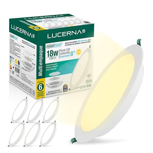 LUCERNA Downlight LED teto embutido de 18 W, focos LED interior teto redondo luz quente, 3000 K, 1980 LM, Plafon LED de teto furos, 190 - 2000 mm, painel LED em PACK de 6