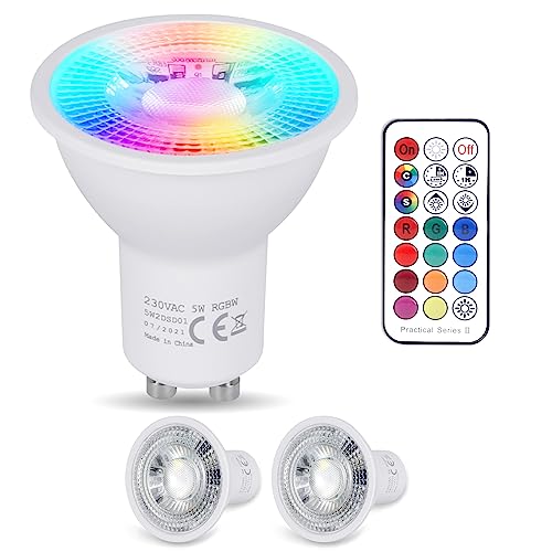 YAYZA! Lâmpadas Gu10 LED quentes 5 W 3000 k (Equivalente 50 W lâmpada LED), Regulável focos Gu10 450 lúmenes, RGB 12 cores, controlo por comando inteligente, para casa, bar, festa. (2 unidades)