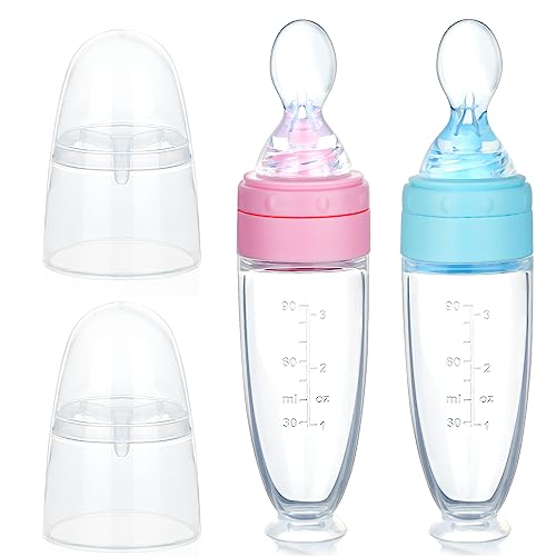 Aolso Colher de babete para bebés, colher de extrusão de gel de sílica com ajuda de pasta de arroz para alimentação de gel de sílica Baomi Pasta colher (azul rosa)