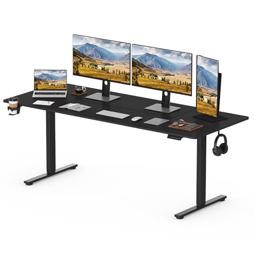 SANODESK 200 x 80 cm mesa elétrica regulável em altura fácil com função de memória, porta-copos, 2 ganchos, caixa de cabos e organizador, para escritório em casa e em casa (preto)