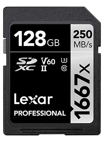 Lexar Professional 1667x Cartão de memória SD 128GB, SDXC UHS-II, até 250 MB/s de leitura, classe 10, U3, V60, SD para fotógrafo profissional, câmara de vídeo, entusiasta (LSD128CB1667)
