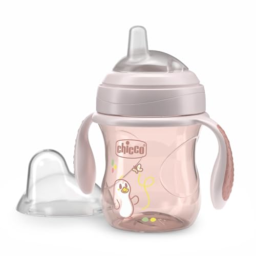 Chicco, Copo de transição, copo anti-gotejamento para bebé de 200 ml, com ergonómico de silicone, válvula dupla anti-gotejamento e 0% BPA, 4 m +, rosa