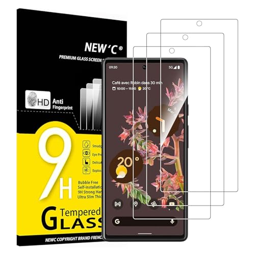 NEW'C 3 peças, protetor de ecrã para Google Pixel 6, vidro temperado anti-riscos, anti-impressões digitais, sem bolhas, dureza 9H, 0,33 mm ultra transparente, ultra resistente