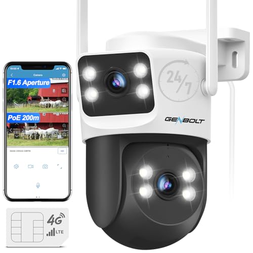 GENBOLT 4G LTE Câmara de vigilância exterior com cartão SIM sem WiFi, lente dupla PoE CCTV câmara de segurança com fio gravação 24/7, câmara IP PTZ com detecção humana rastreamento automático